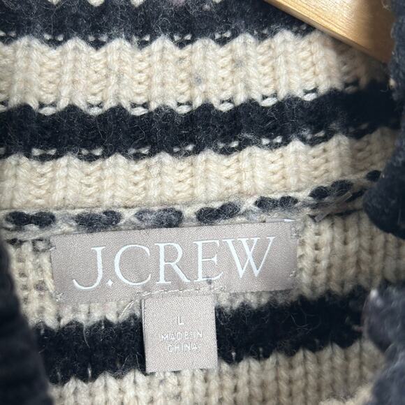 J. CREW Cable Knit Mockneck Pullover Stripe Jewel Button Black Cream Sz L {3W15} - Picture 5 of 8